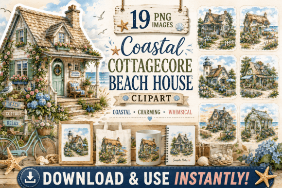Download Coastal Cottagecore Beach House Clipart - Cottagecore Collection