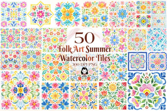 Download Abstract Folk Art Summer Watercolor Tile - Tile Collection